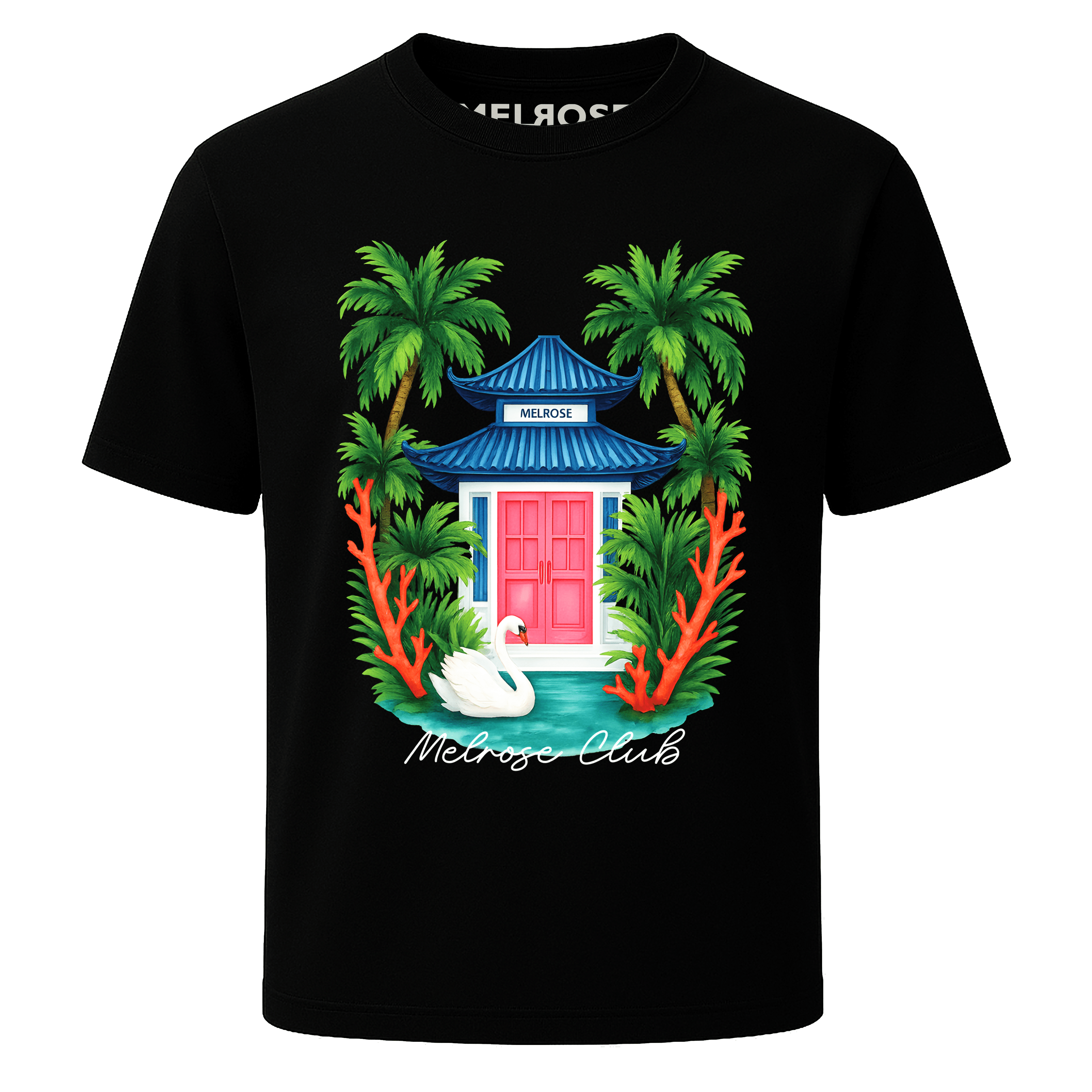 Melrose Club Swan Paradise Print Tshirt featuring a tropical design with a swan and vibrant colors