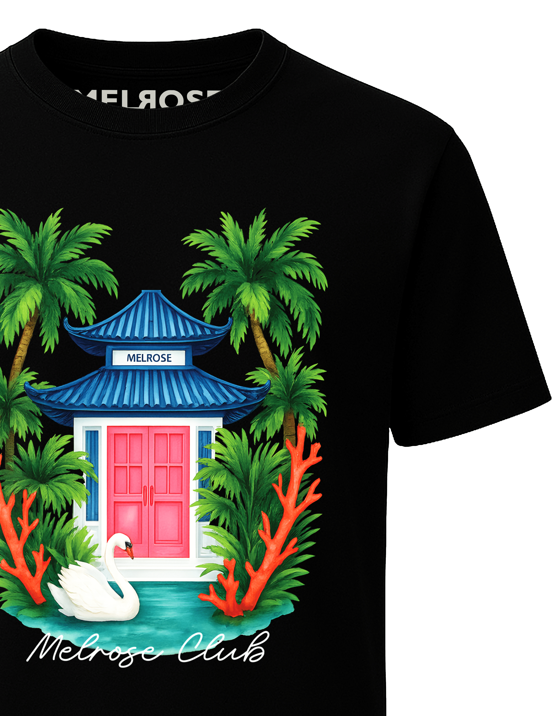 Melrose Club Swan Paradise Print Tshirt featuring colorful palm trees and a serene swan design