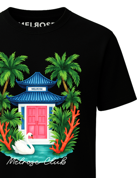 Melrose Club Swan Paradise Print Tshirt featuring colorful palm trees and a serene swan design
