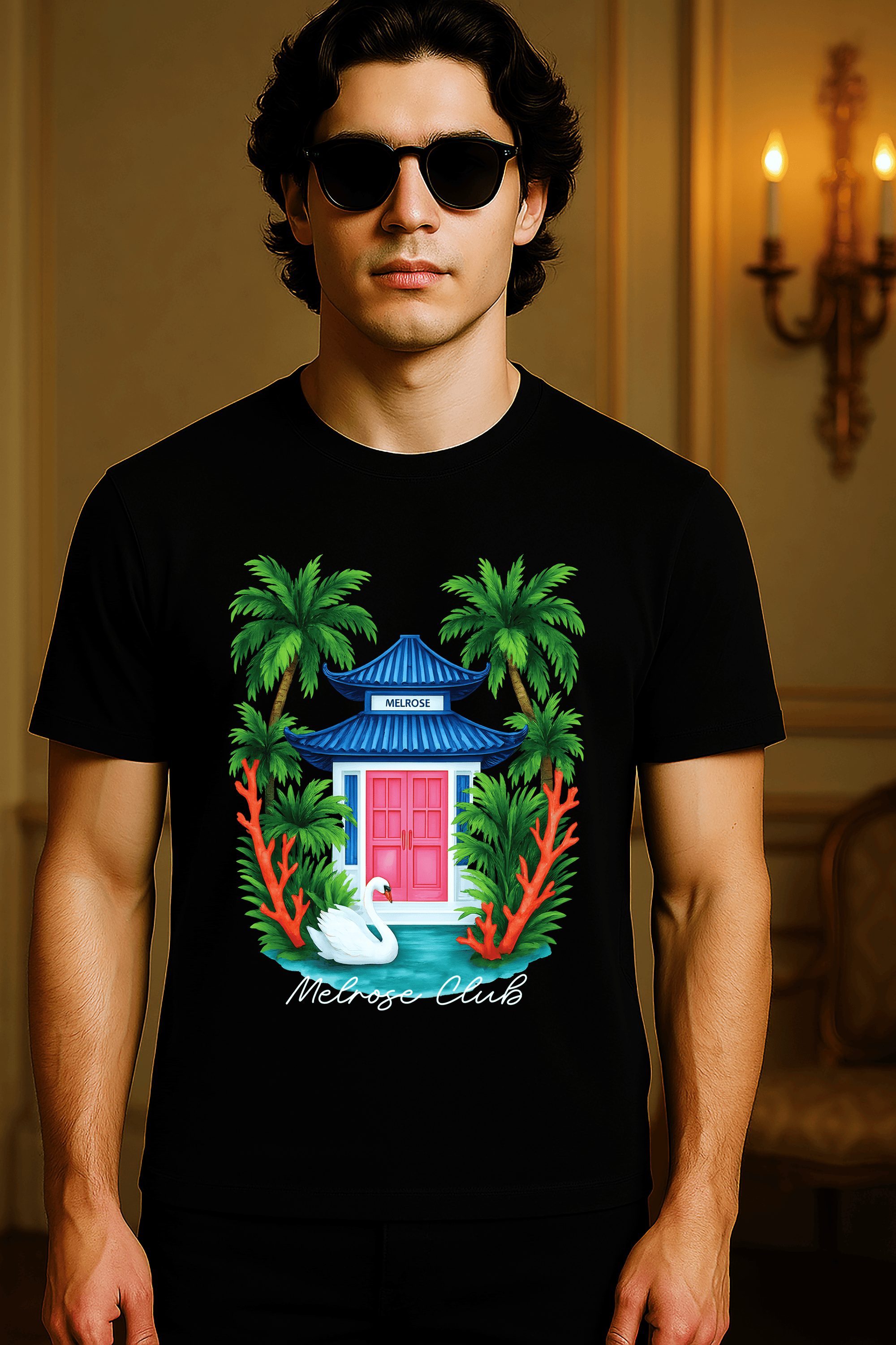 Melrose Club Swan Paradise Print Tshirt featuring colorful tropical design and relaxed fit for casual wear