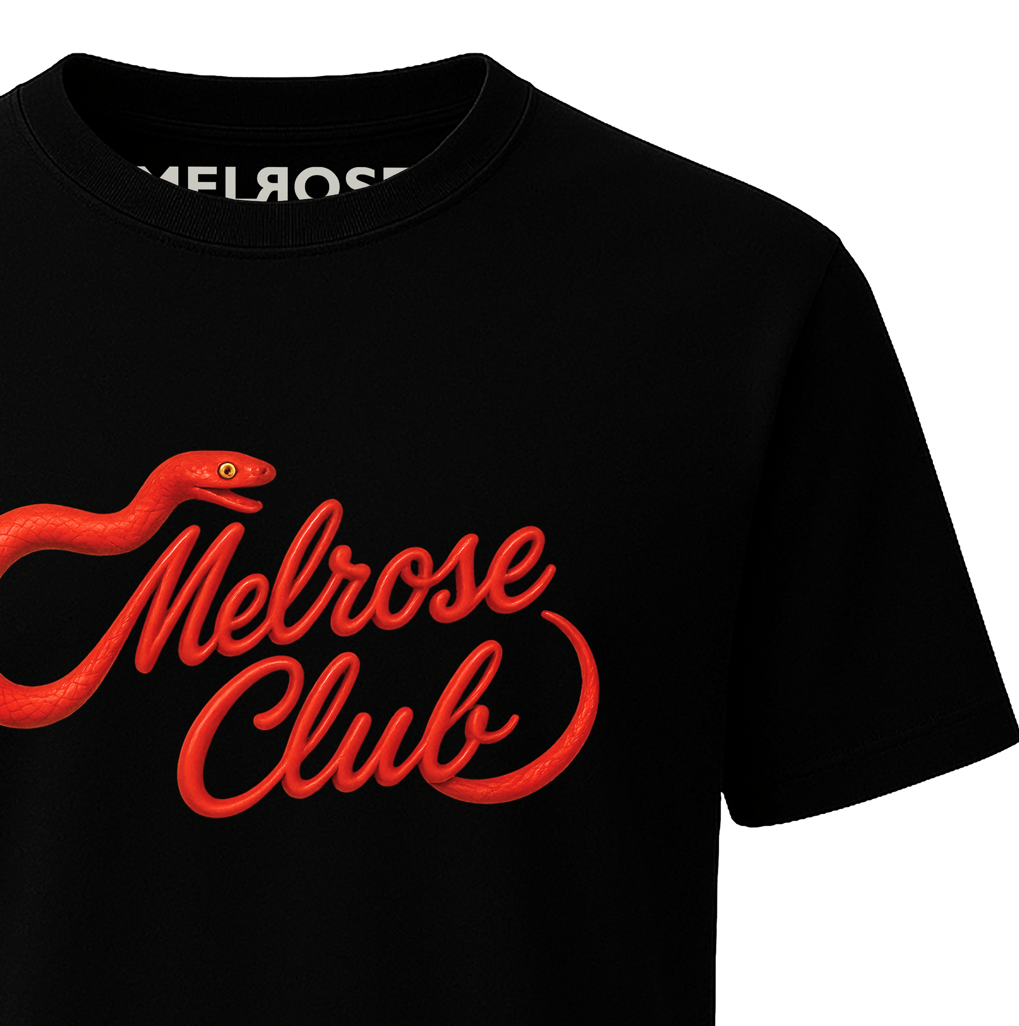 Melrose Club Venom Script graphic tee with a bold red snake design on a black shirt