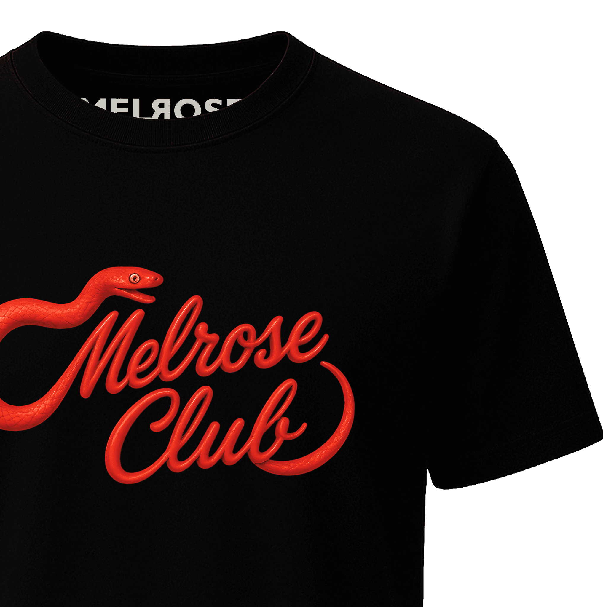 Melrose Club Venom Script graphic tee with a bold red snake design on a black shirt