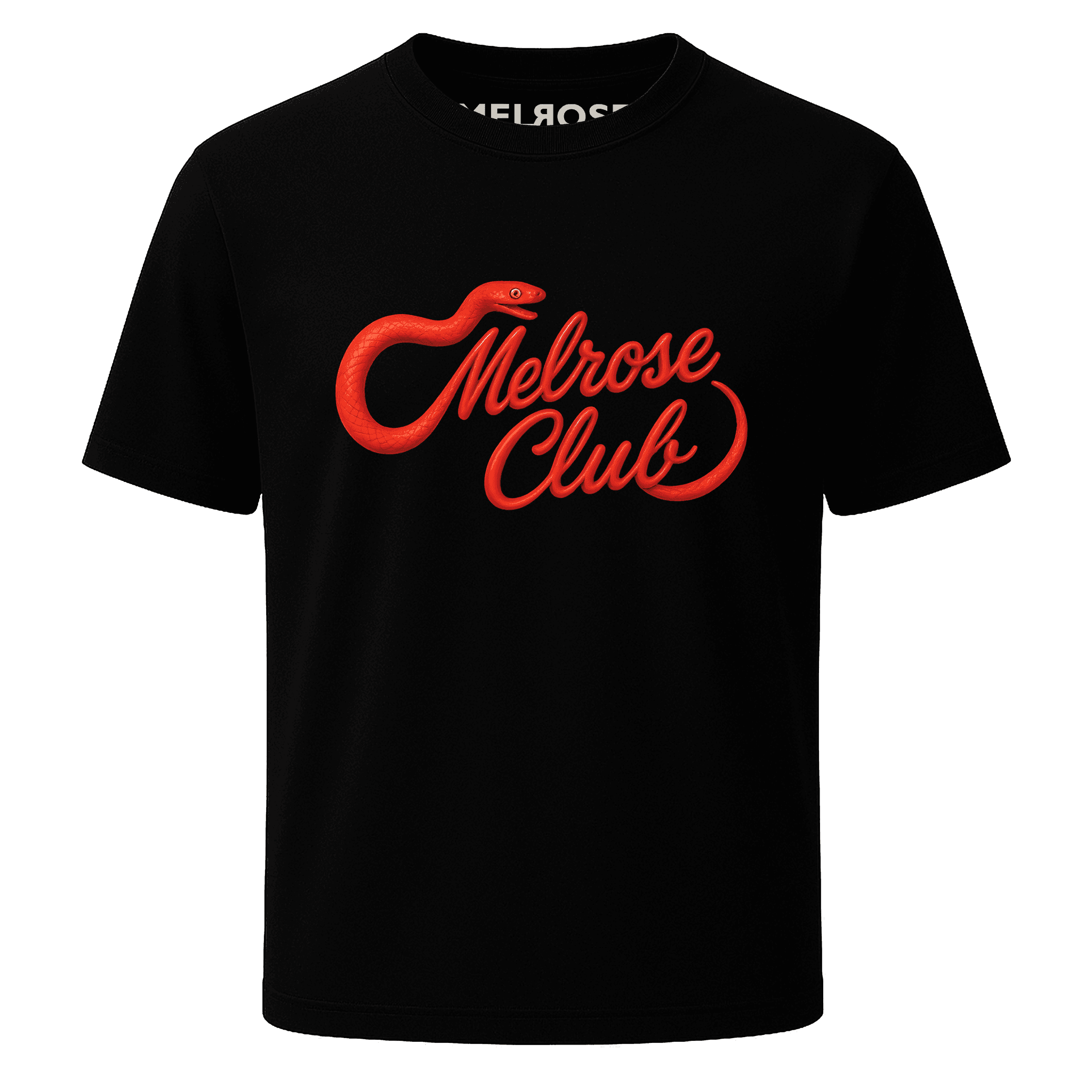 Melrose Club black tee featuring Venom Script graphic with a red snake design