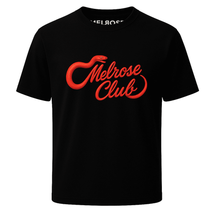 Melrose Club black tee featuring Venom Script graphic with a red snake design