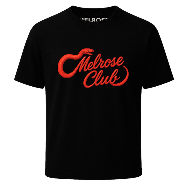Melrose Club black tee featuring Venom Script graphic with a red snake design