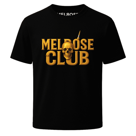 Melrose Club black gold skull streetwear tee with bold typography and graphic design