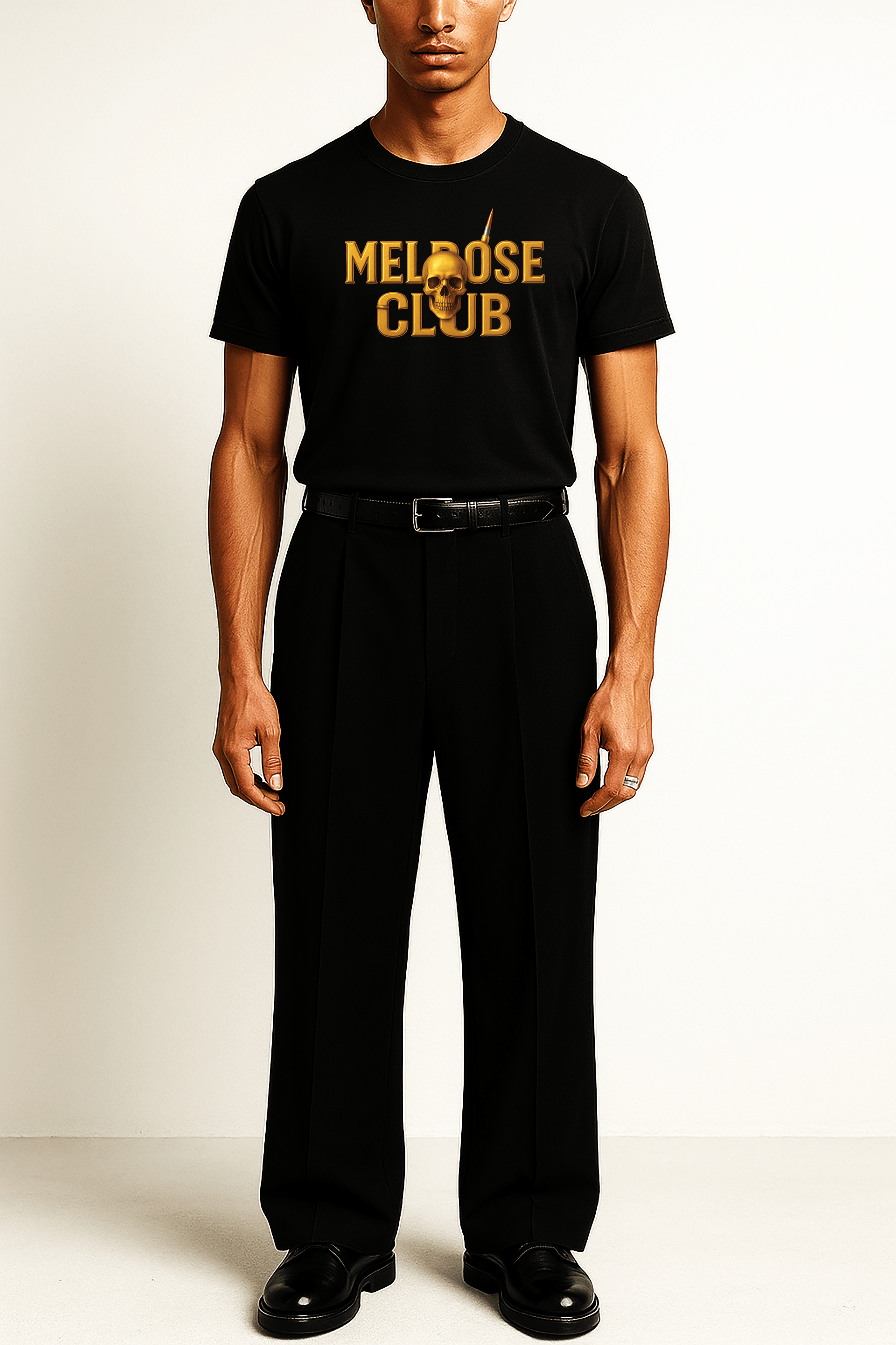 Melrose Club Black Gold Skull Streetwear Tee with Bold Logo and Skull Design for Trendy Fashion