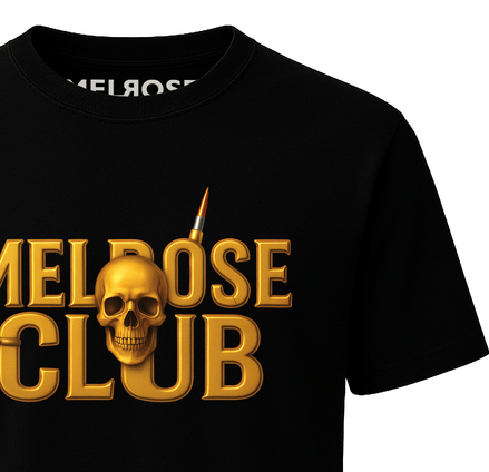 Melrose Club gold skull streetwear tee featuring a graphic design with a bold skull and club logo