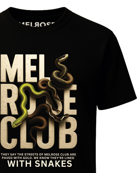 Venom Streets black tee for men featuring snake graphics and bold Melrose Club text design