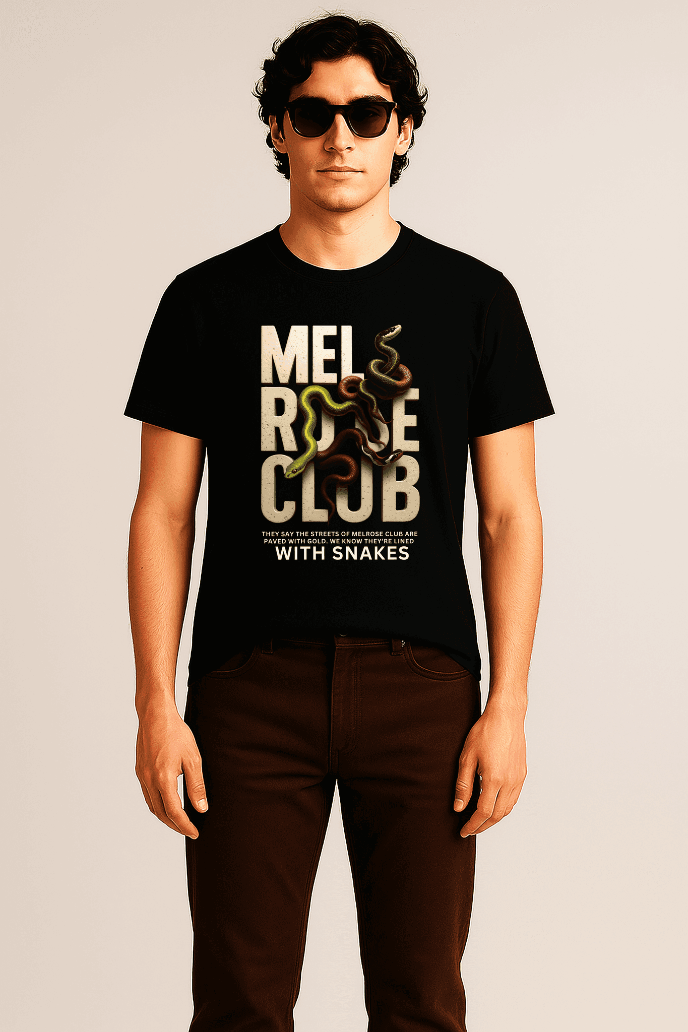 Melrose Club Venom Streets black tee for men featuring a stylish snake design and bold text