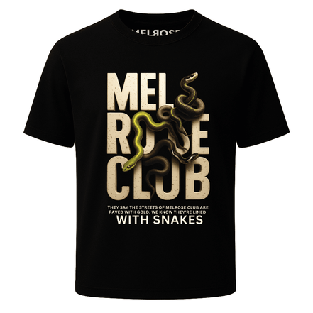 Melrose Club Venom Streets black tee for men featuring a striking snake graphic and bold text design