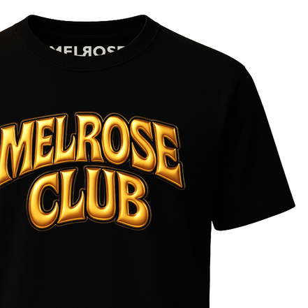 Melrose Club black t-shirt featuring a golden flex logo design for a stylish casual look