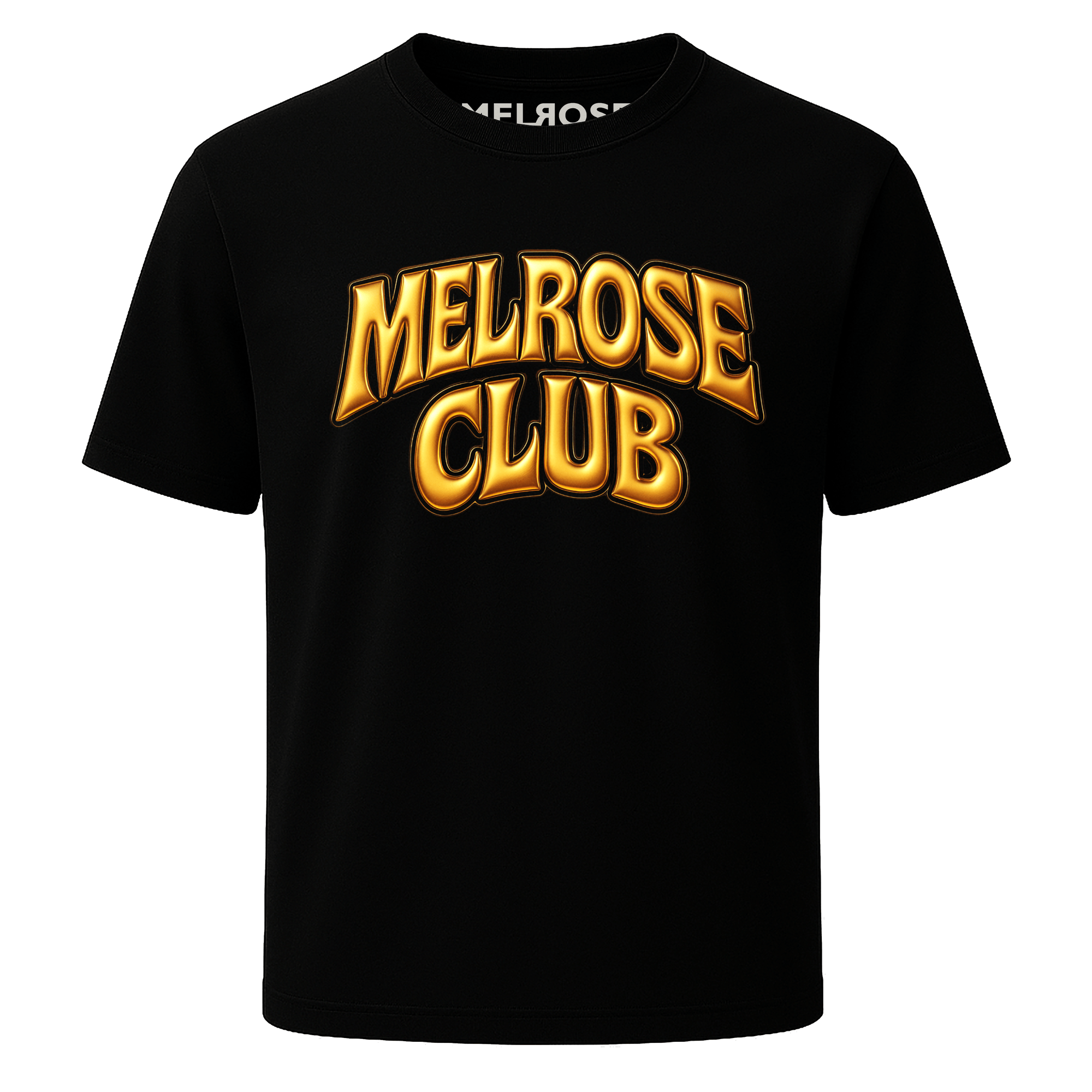 Melrose Club golden flex logo t-shirt in black with bold golden lettering