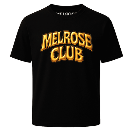 Melrose Club golden flex logo t-shirt in black with bold golden lettering