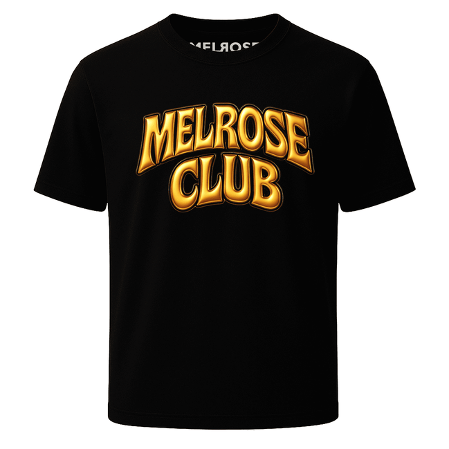 Melrose Club golden flex logo t-shirt in black with bold golden lettering