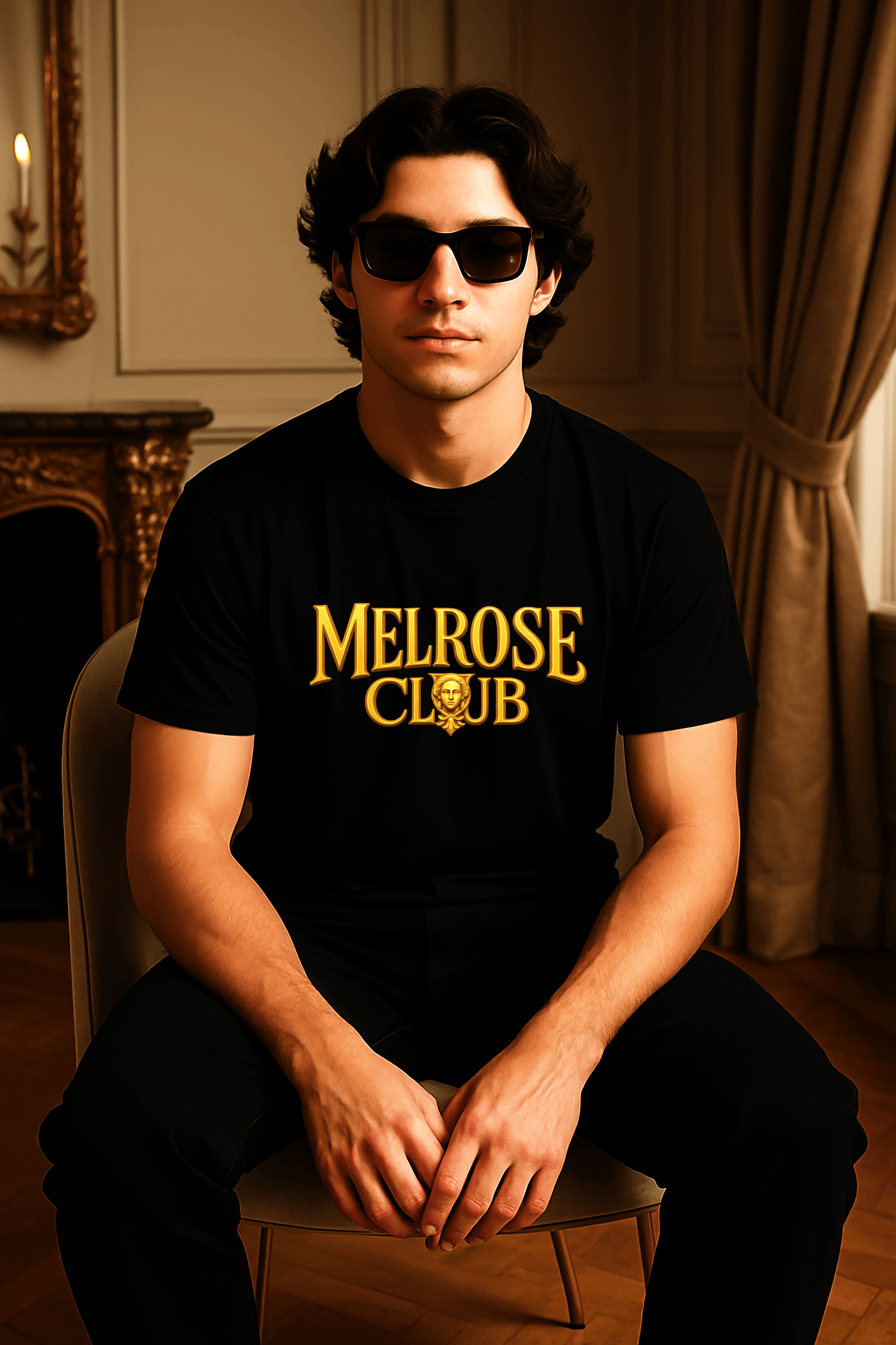 Melrose Club Regal Emblem Graphic Tee in Black with Bold Yellow Logo for Casual Fashion