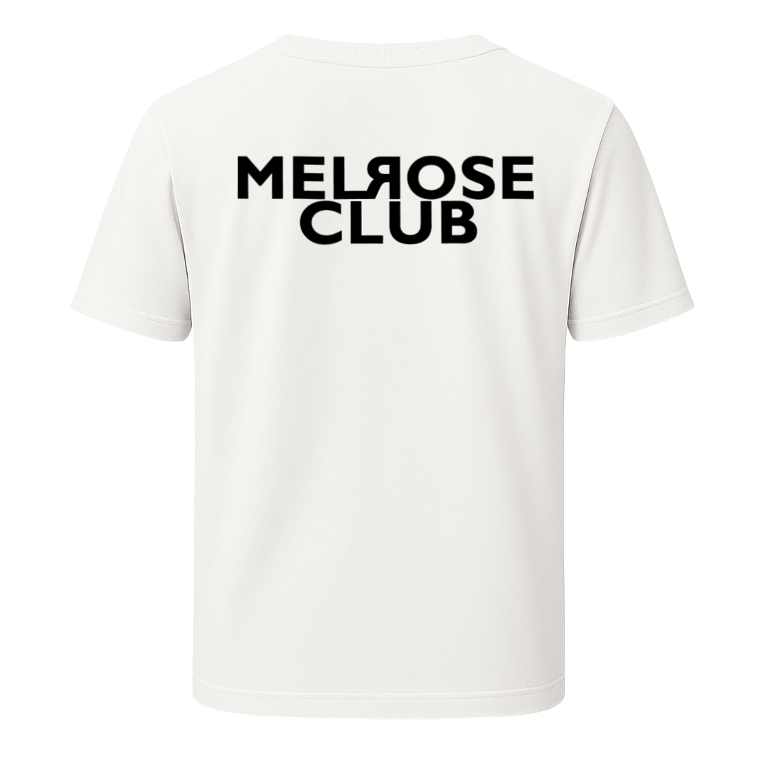 Melrose Club White Iconic Monogram Streetwear Tee Front & Back Print with Bold Logo Design