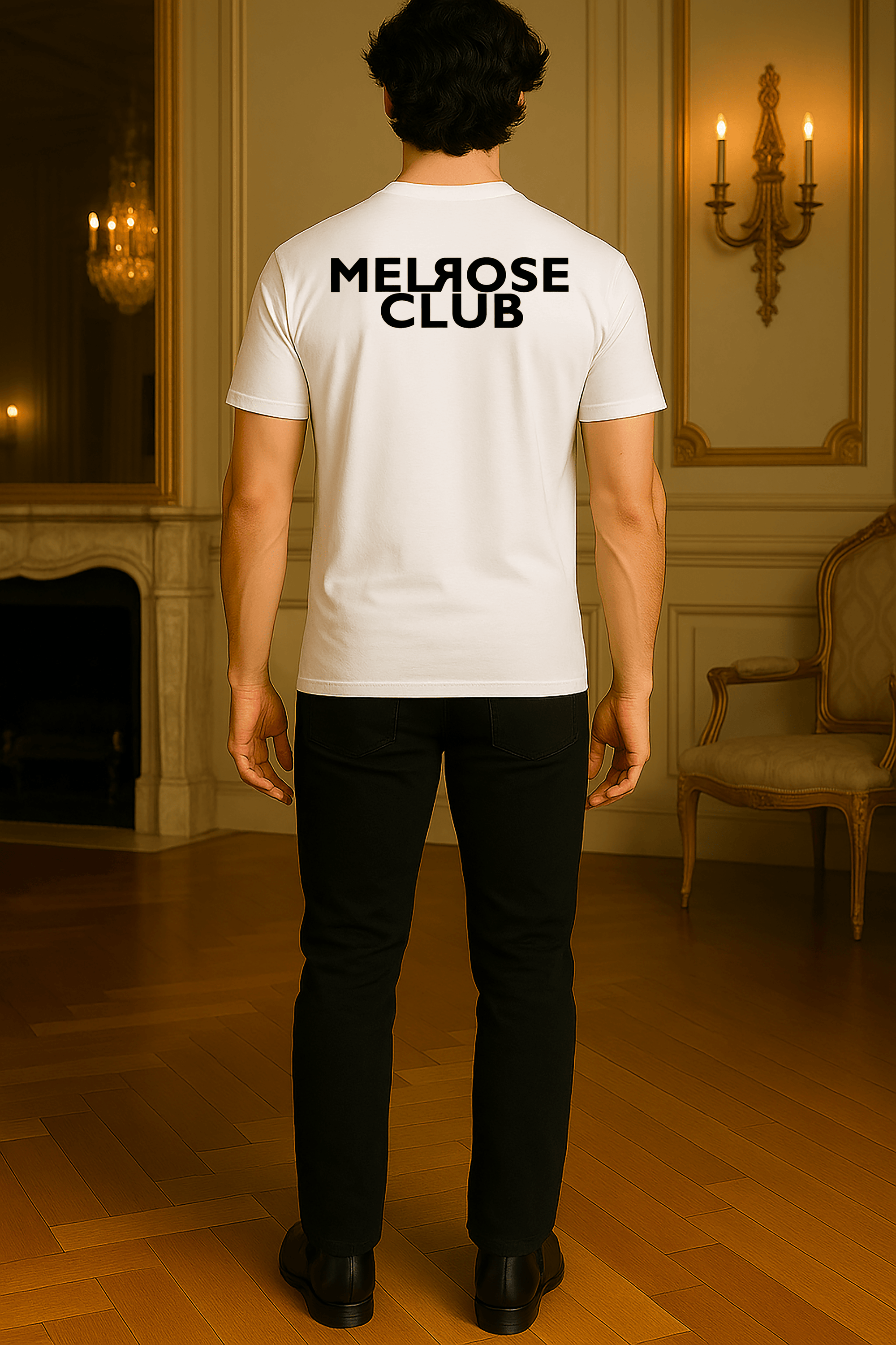 Men's white iconic monogram streetwear tee front & back print with Melrose Club logo on the back