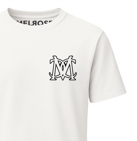Melrose Club White Iconic Monogram Streetwear Tee with Front & Back Print Design