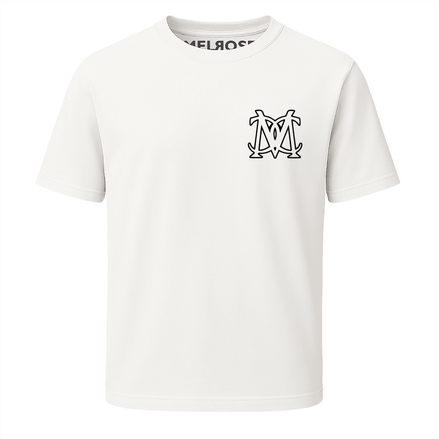 Melrose Club White Iconic Monogram Streetwear Tee Front & Back Print Featuring Bold Logo Design